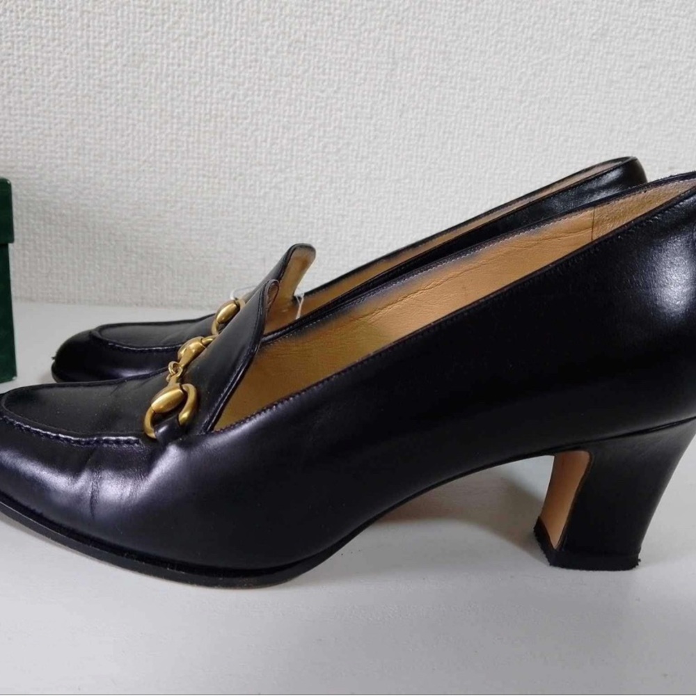 Gucci Black Leather Heeled Loafers with Gold Horsebit Hardware - Picture 3 of 12